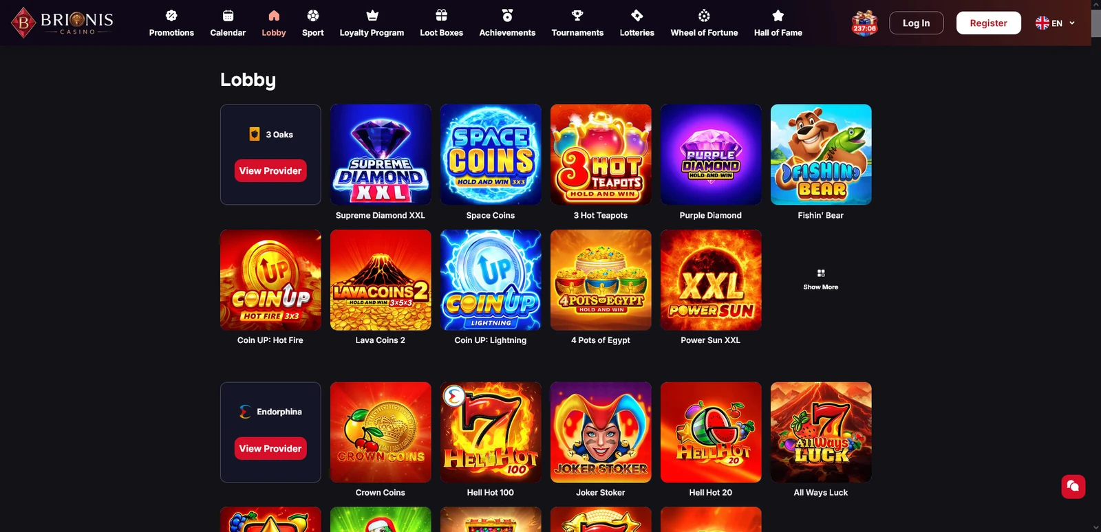 Game library — Brionis Casino